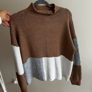 Tan White and Grey High Neck Sweater